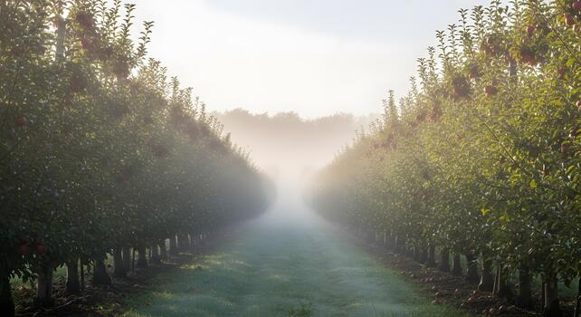 Misty morning light illuminates a tranquil apple orchard, with rows of trees heavy with ripe red fruit extending into the soft, hazy distance photo