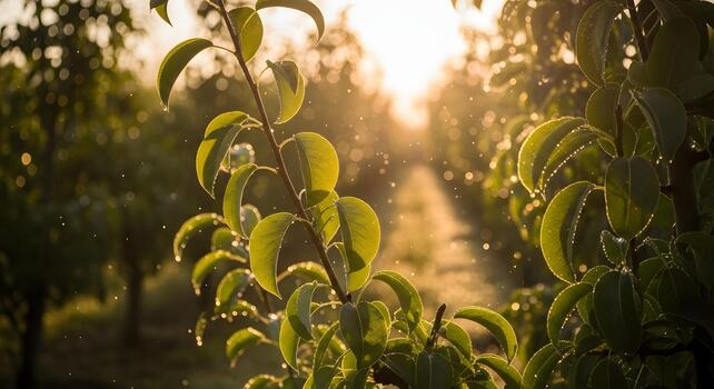Sunlit orchard branches with soft bokeh and shimmering dust particles, evoking a serene natural atmosphere photo