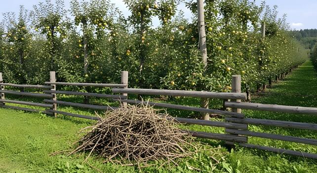 Rows of apple trees in an orchard with a rustic wooden fence and a pile of pruned branches in the foreground on a sunny day photo