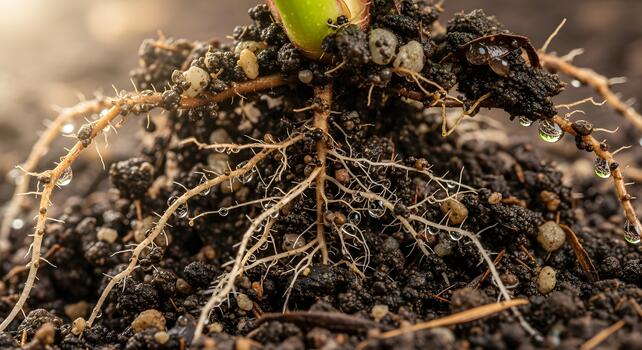 Macro view of healthy plant roots with water droplets, showcasing soil structure and growth photo