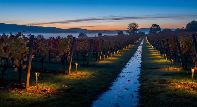 Vineyard at dusk with rows of illuminated grapevines and a path reflecting the twilight sky photo