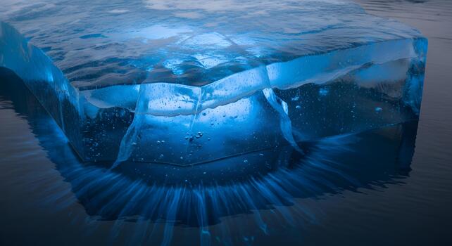 Abstract close-up of clear blue ice formations with internal light and bubbles, creating a mesmerizing, cold, and tranquil natural pattern photo