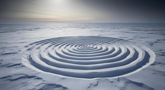 Mesmerizing spiral pattern precisely sculpted into a vast, pristine snowfield, creating an ethereal land art installation under a muted, expansive polar sky photo