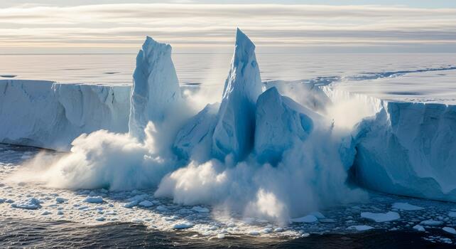 Dramatic Calving Event Towering Iceberg Collapses into the Ocean Creating Massive Splash and Waves photo