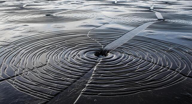 Mesmerizing natural patterns of intricate concentric circles and sharp cracks formed on a dark, frozen ice surface, creating an abstract and unique winter landscape texture photo