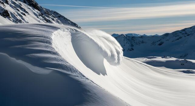 Snowdrift formation creating a wave-like structure with mountains in the background under a blue sky photo