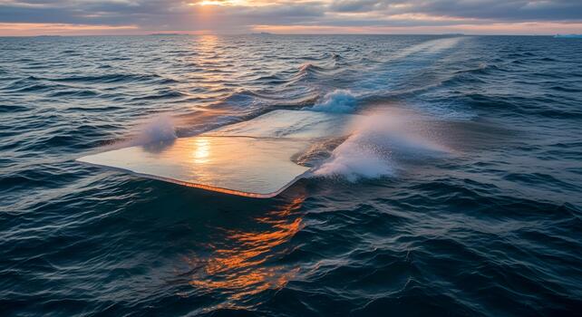 A mesmerizing, sleek, reflective structure glides dynamically across the deep blue ocean as the sun sets, casting warm hues on the water and creating a powerful splash photo