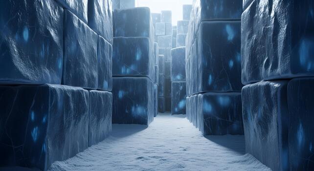 An otherworldly passageway sculpted from shimmering ice cubes, a frosty pathway through a cool, alien environment, hinting at hidden depths and frozen wonders, evoking a sense of surreal exploration photo