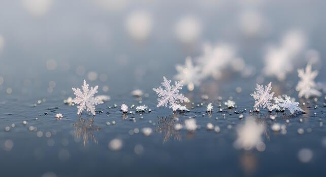A serene macro view of delicate snowflakes resting on a smooth icy surface with a beautiful winter bokeh photo
