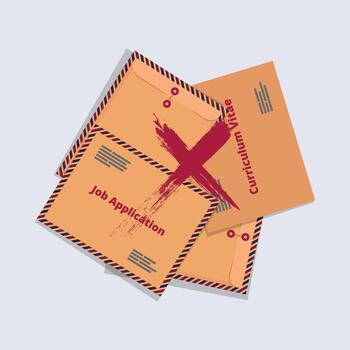 A clean and modern illustration featuring several brown job application and curriculum vitae envelopes arranged in a layered layout. Job application rejected concept vector