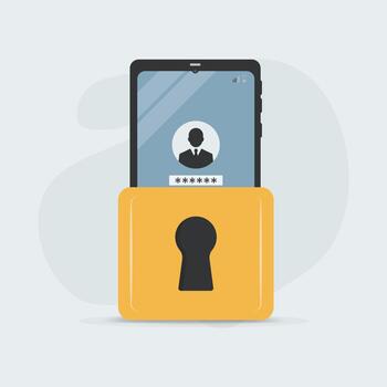 A modern flat illustration of a smart phone displaying a log in screen with a user profile icon and password field, secured by a large yellow padlock in front of it vector