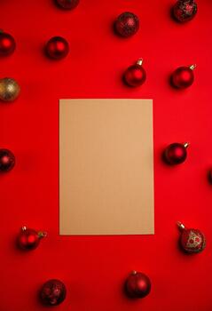 gastos generales ver de un vacío horizontal tarjeta rodeado por dispersado adornos y delicado copo de nieve papel picado foto