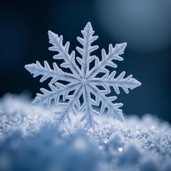 Macro image of the ice crystal showcasing its complex structure and precise fractal pattern in blue light photo