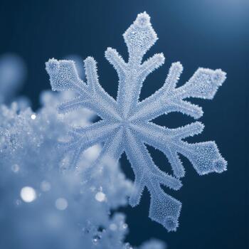 Close-up photograph of a pristine snowflake catching the soft diffused light on a snowy surface photo