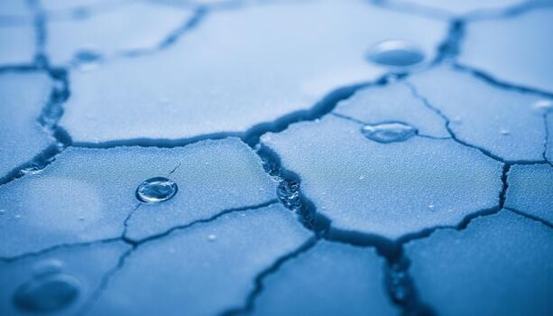 Macro view of a fractured surface with intricate crack patterns and tiny water droplets photo