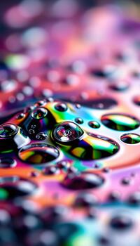 The mesmerizing effect of light creating a vivid spectrum across the curved surface of the droplets. photo