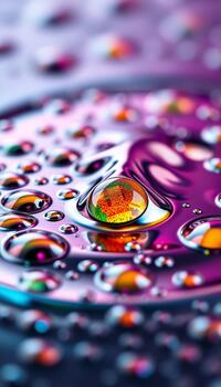 Close-up photograph of a liquid surface reflecting a brilliant vertical rainbow gradient and fluid dynamics photo