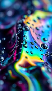 Macro view of a vertical oil film with bubbles displaying an intense psychedelic iridescent color range photo