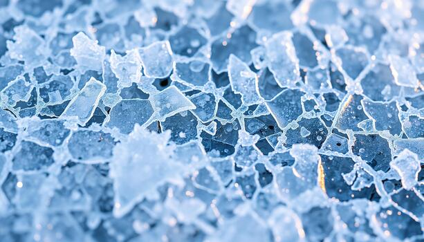 Blue toned background texture showing a complex system of intersecting cracks and frozen air bubbles photo