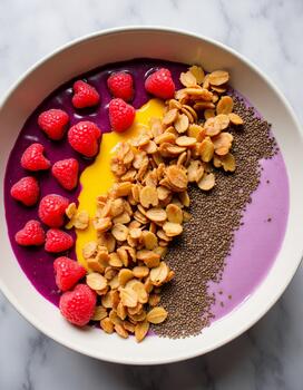 The colorful composition of a nutritious breakfast bowl set against a bright contrasting color block background photo