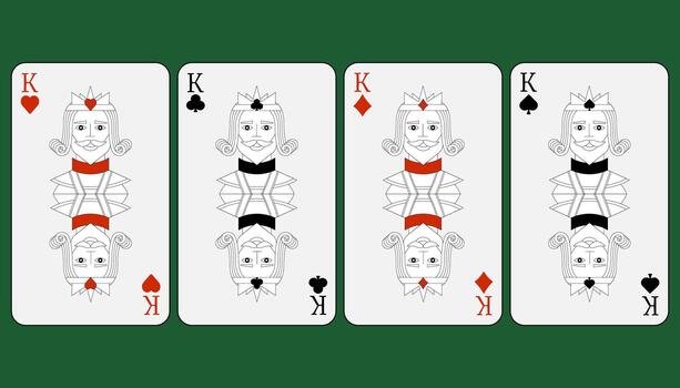A set of playing cards with the image of a king of all suits on a green background. vector