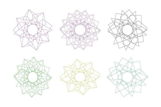 Six colorful abstract geometric starburst patterns isolated on vector