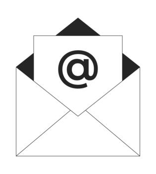 Open email envelope with at symbol 2D line object. E-mail communicating, messaging. Electronic mail. Digital correspondence isolated clipart ink outline item. Monochrome spot illustration vector