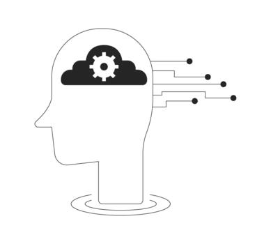 Artificial intelligence head with gear and cloud circuits 2D line object. Machine learning. AI cogwheel. Cognitive computing isolated clipart ink outline item. Monochrome spot illustration vector