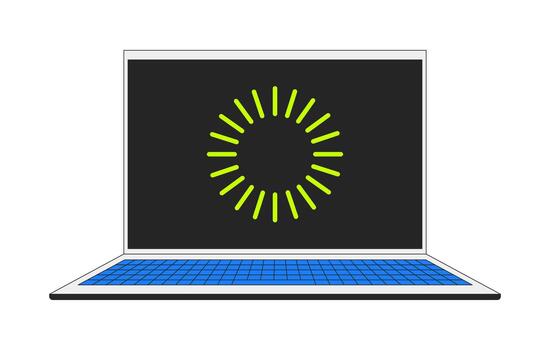 Open laptop with loading screen 2D cartoon object. Slow internet buffering notebook. Tech wait UI loader. Device upgrade throbber isolated element flat clip art on white. Spot illustration vector