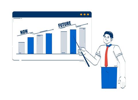 Now future business forecasting doodle illustration concept. Asian businessman presenting growth comparison chart in web window cartoon 2D character isolated on white. Hand drawn metaphor vector