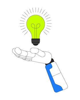 Robotic hand presenting light bulb illustration. Artificial intelligence innovation. Smart idea. Lightbulb solution holding 2D cartoon image isolated on white. Editable flat clipart colorful vector