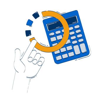 Calculating financial forecast doodle illustration concept. Budget estimate. Hand pointing toward calculator and segmented graph cartoon 2D composition isolated on white. Hand drawn metaphor vector