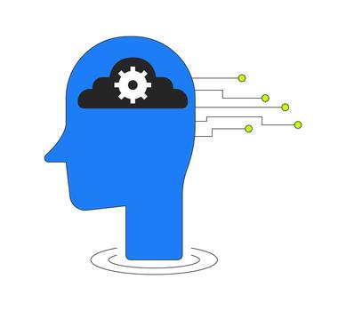 Artificial intelligence head with gear and cloud circuits 2D cartoon object. Machine learning. AI cogwheel. Cognitive computing isolated element flat clip art on white. Spot illustration vector