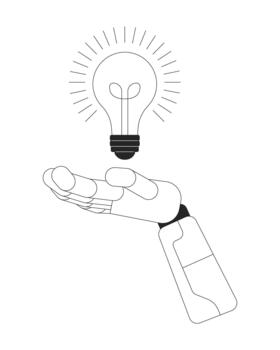 Robotic hand presenting light bulb outline illustration. Artificial intelligence innovation. Smart idea. Lightbulb solution holding isolated 2D image black and white. Linear drawing clip art vector