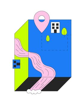 Riverfront map with location pinpoint 2D cartoon object. Abstract isometric terrain with buildings, winding river and marker pin isolated element flat clip art on white. Spot illustration vector