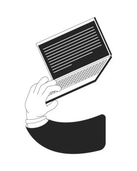 Hand holding open laptop with text outline illustration. Digital communication. Online work. Virtual workspace. Telework device isolated 2D image black and white. Linear drawing clip art vector