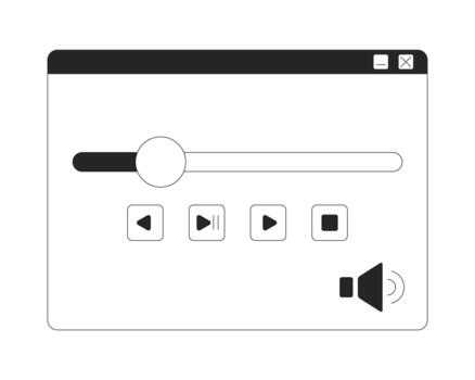 Media player interface with controls 2D line object. Progress slider and modern UI layout. Sound settings. Playback window isolated clipart ink outline item. Monochrome spot illustration vector
