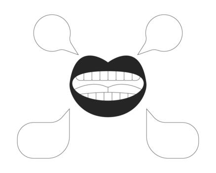 Mouth speaking with empty speech bubbles 2D line object. Verbal communication, conversation. Talking lips with dialogue boxes isolated clipart ink outline item. Monochrome spot illustration vector