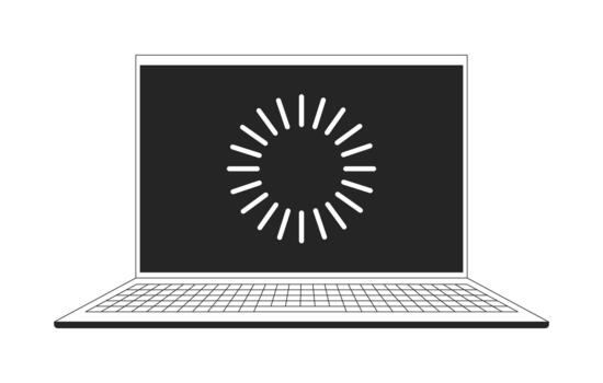 abierto ordenador portátil con cargando pantalla 2d línea objeto. lento Internet amortiguamiento cuaderno. tecnología Espere ui cargador. dispositivo potenciar palpitante aislado clipart tinta contorno artículo. monocromo Mancha ilustración vector