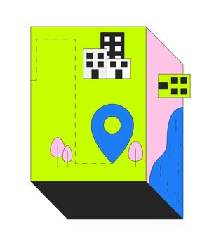 Isometric urban map with location pin 2D cartoon object. Stylized buildings, trees and river on geometric shape. Navigation marker isolated element flat clip art on white. Spot illustration vector
