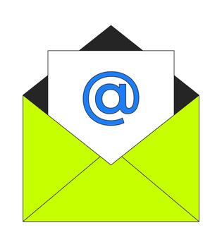 Open email envelope with at symbol 2D cartoon object. E-mail communicating, messaging. Electronic mail. Digital correspondence isolated element flat clip art on white. Spot illustration vector