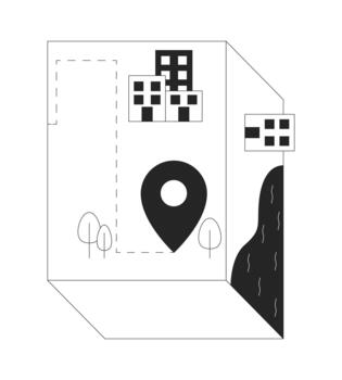 Isometric urban map with location pin 2D line object. Stylized buildings, trees and river on geometric shape. Navigation marker isolated clipart ink outline item. Monochrome spot illustration vector