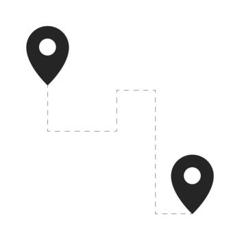 Route map location markers 2D black filled object. Mapping pinpoint. GPS destination. Simple dashed line connecting start and end pins isolated clipart ink item. Monochrome spot illustration vector