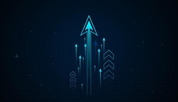 A futuristic neon-blue arrow rises sharply upward, surrounded by multiple glowing arrows that symbolize growth, acceleration, and forward-moving technological progress vector