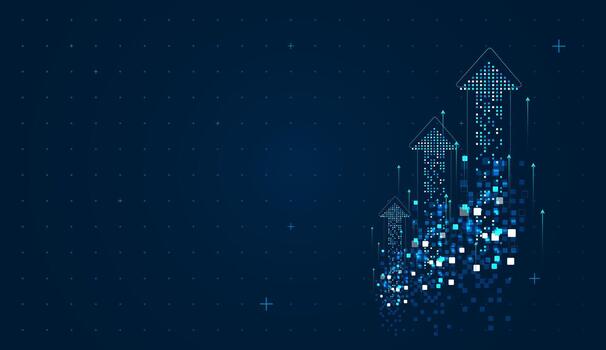 modern digital arrows artwork shows an upward arrow formed by bright pixels rising through a grid background. It reflects analytics, performance boosts vector