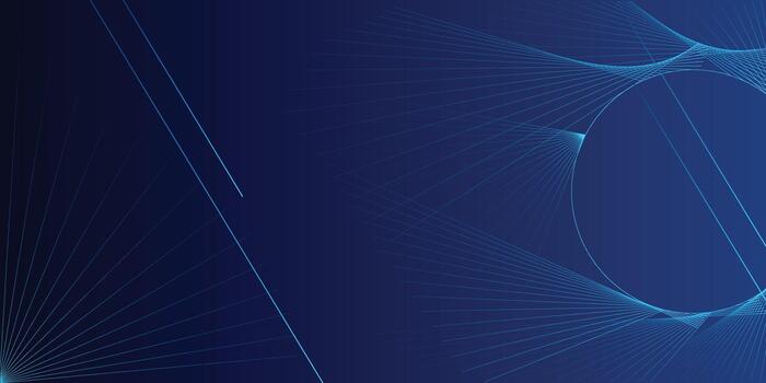 Abstract blue lines illustration displays a dynamic pattern with circles and radiating light on a dark gradient background vector