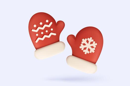 3d christmas and New Year background. red glove with white cuff and snowflake. Snowflakes hanging on ribbon. 3d tree icon signs render illustration vector