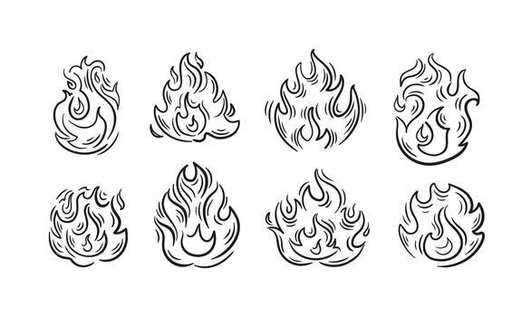 Dynamic sketch-style flames set, featuring fluid lines and sharp flame cones minimalist art for a vivid, energetic accent. vector