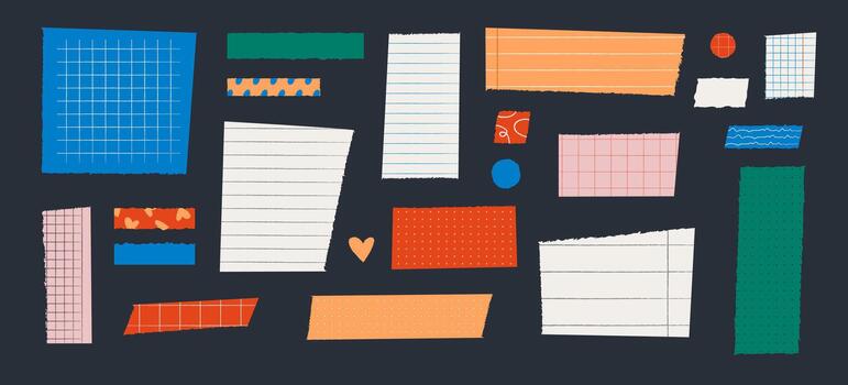 Brightly colored torn paper set. Idial for collage and scrapbooking. Notebook sheets and scraps of a notebook page and stickers. Modern illustration. vector