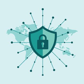 Cybersecurity shield with global data network vector